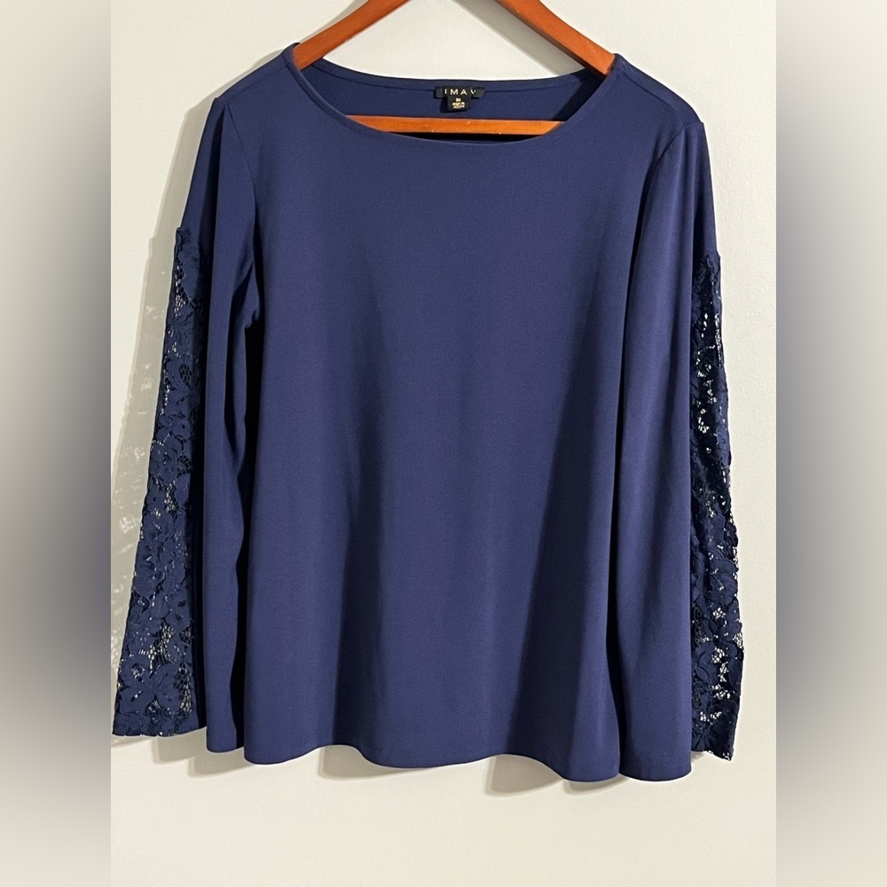 IMAN Women's Navy Top with Lace Sleeves